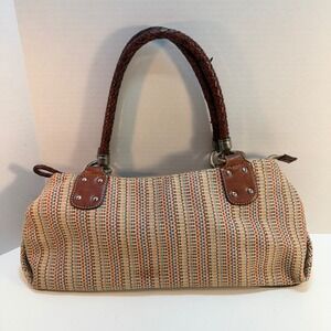Vintage Fossil Woven Straw Leather Trim Shoulder Bag Purse Earth Tones